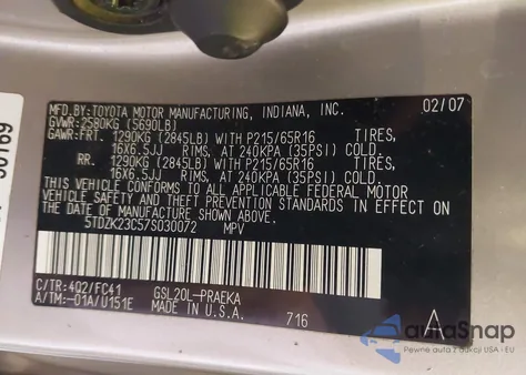 2007 Toyota Sienna Le из США, поврежденный, VIN 5TDZK23C57S030072